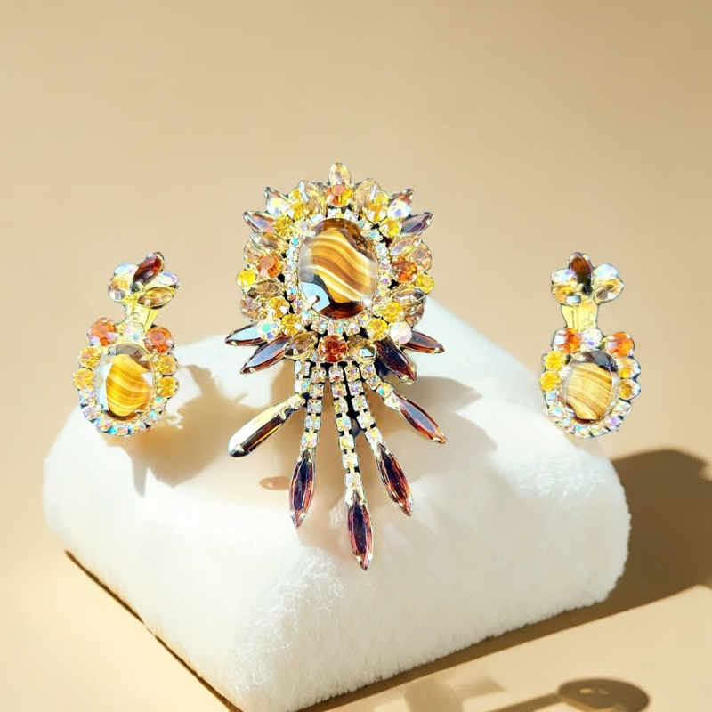 铜合金石英石胸针 Juliana书本款大理石系流苏胸针耳夹套装欧美 