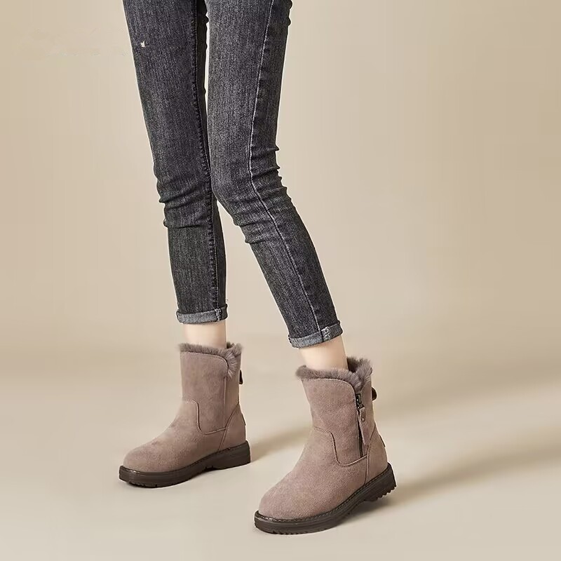 雪地靴女2023年新款防滑加厚时尚真皮短筒马丁靴加绒拉链棉鞋百搭
