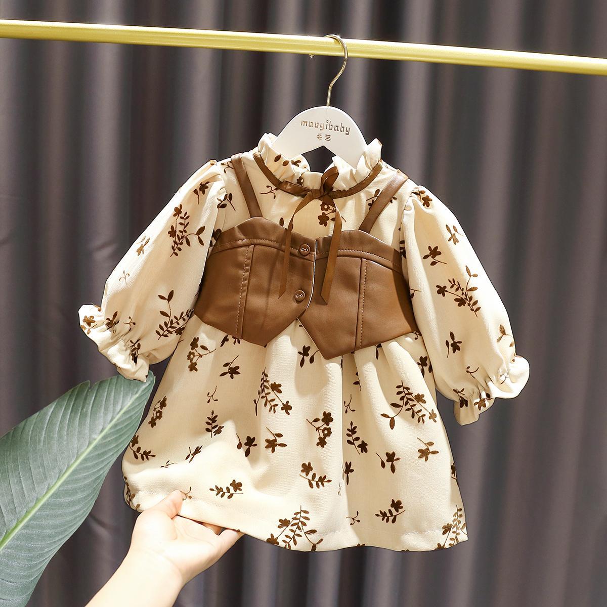 1-5岁女宝宝皮面拼接假两件裙3女童秋冬加绒女婴儿复古碎花连衣裙