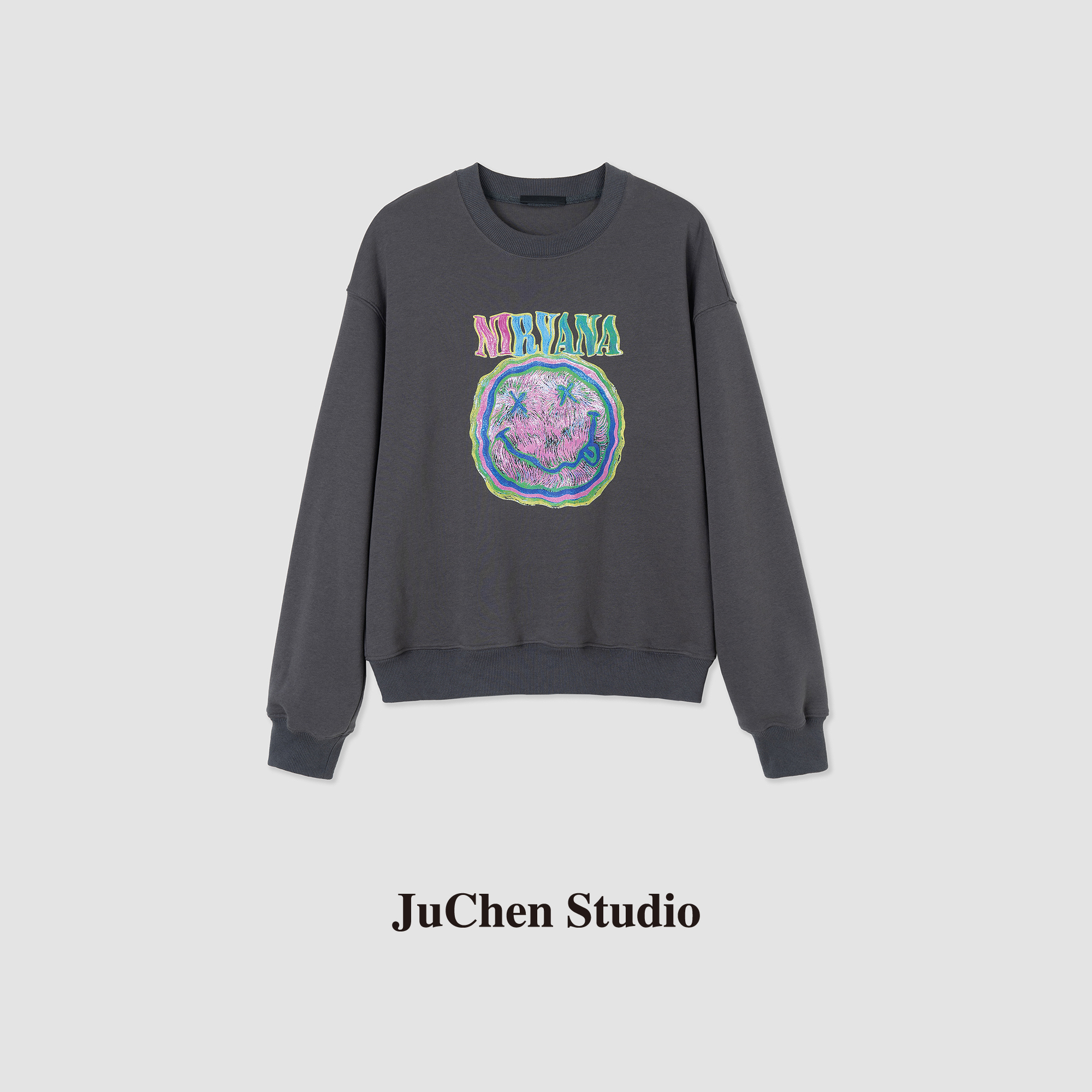 JuChen水彩画笑脸涂鸦印花 洗水做旧蜡染宽松百搭卫衣 FW121821