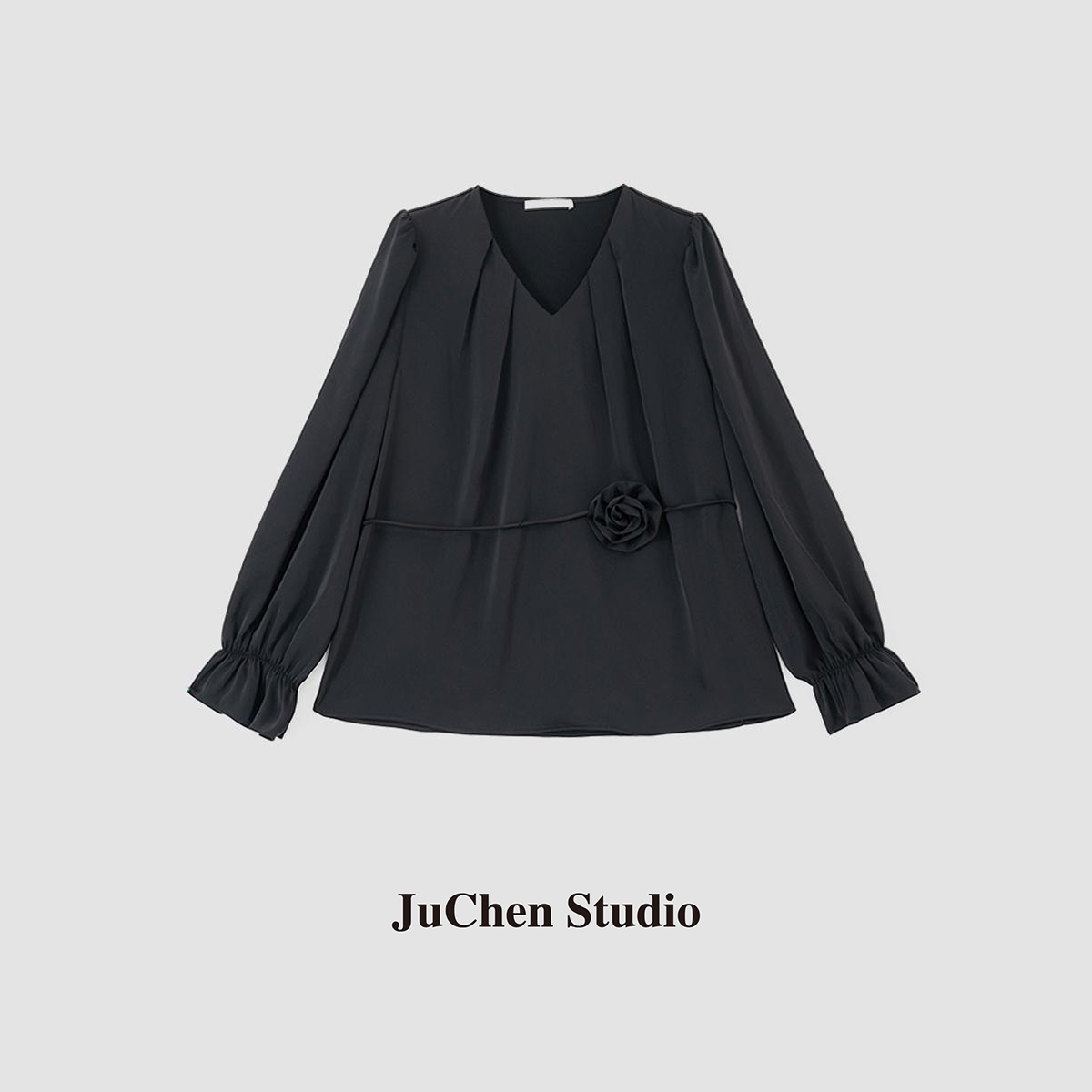 可拆卸立体玫瑰飘带醋酸缎面气质V领长袖衬衫设计感衬衣SS032216