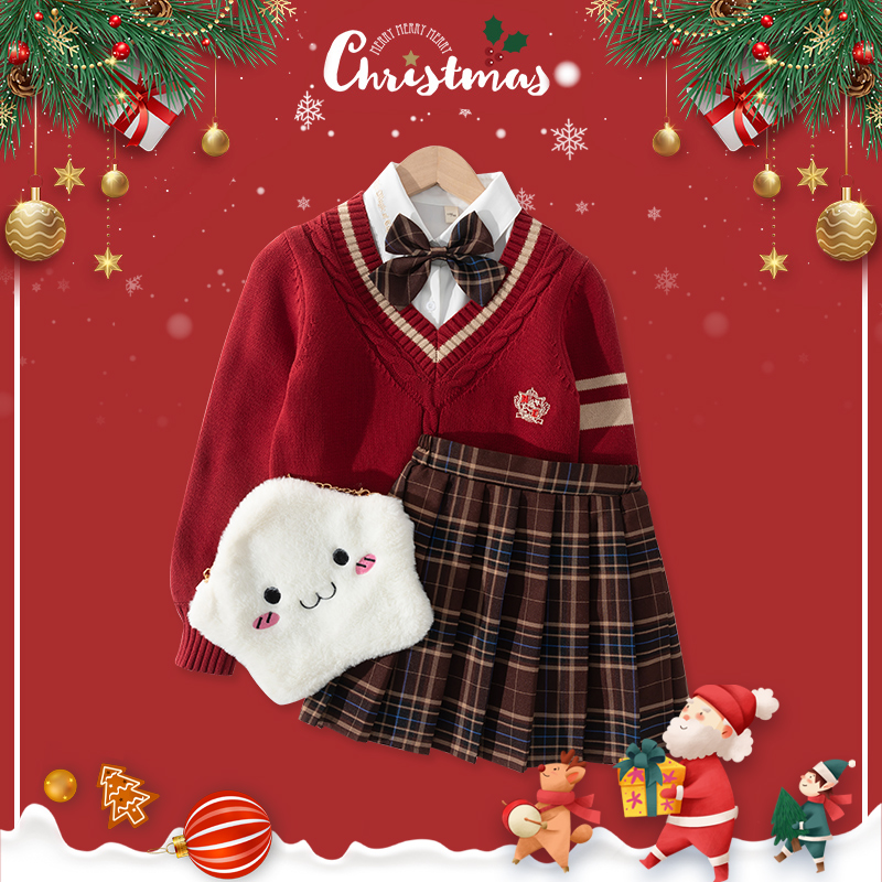 女童装时髦洋气套装秋冬款学院风jk童装儿童圣诞毛衣冬装新年衣服