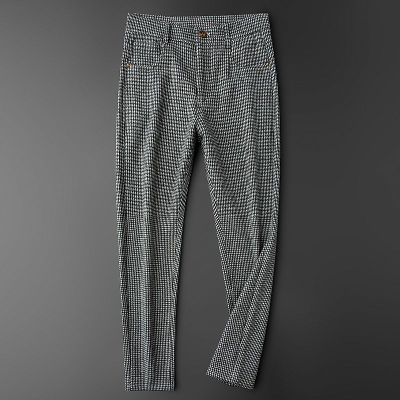 欧货2023秋冬季加厚款保暖磨毛呢料格子裤男修身小直筒休闲裤男士