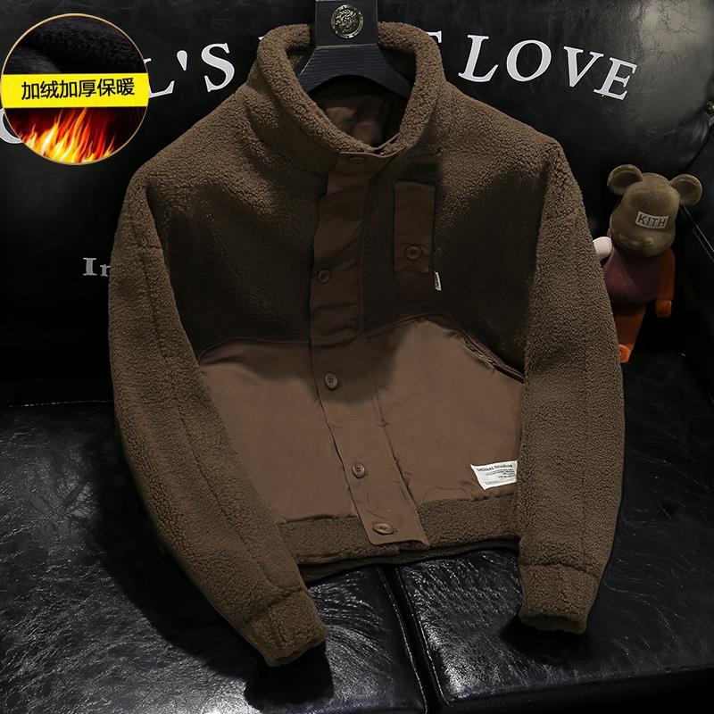 欧货羊羔绒夹克外套男2023冬季加绒加厚保暖上衣青年立领拼接棉衣