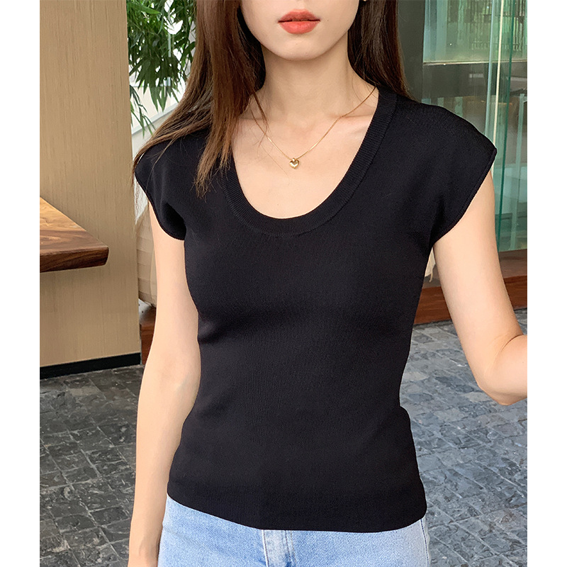 百搭针织纯色短袖T恤黑色正肩t恤春夏黑色显瘦性感打底衫半袖纯色