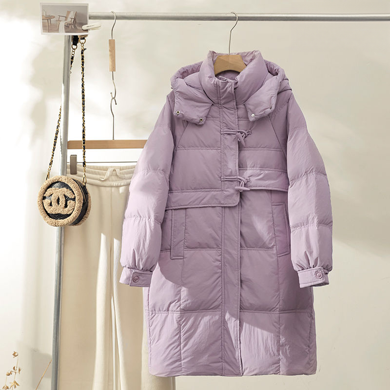 百搭显瘦大码秋冬休闲过膝羽绒棉女中长款2023新款白鸭绒加厚扣反