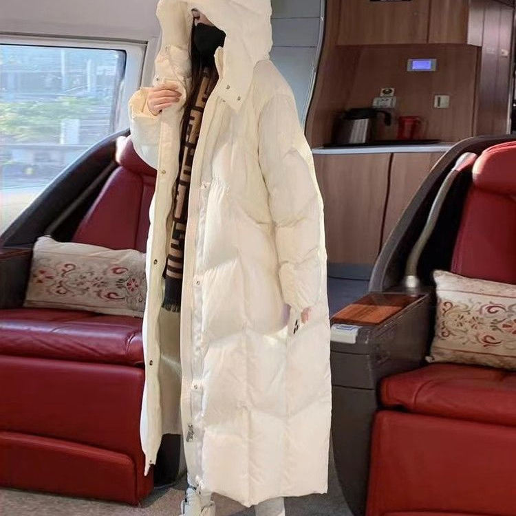 白色过膝长款羽绒棉服女2023冬装时尚设计师款连帽拉链面包服外套
