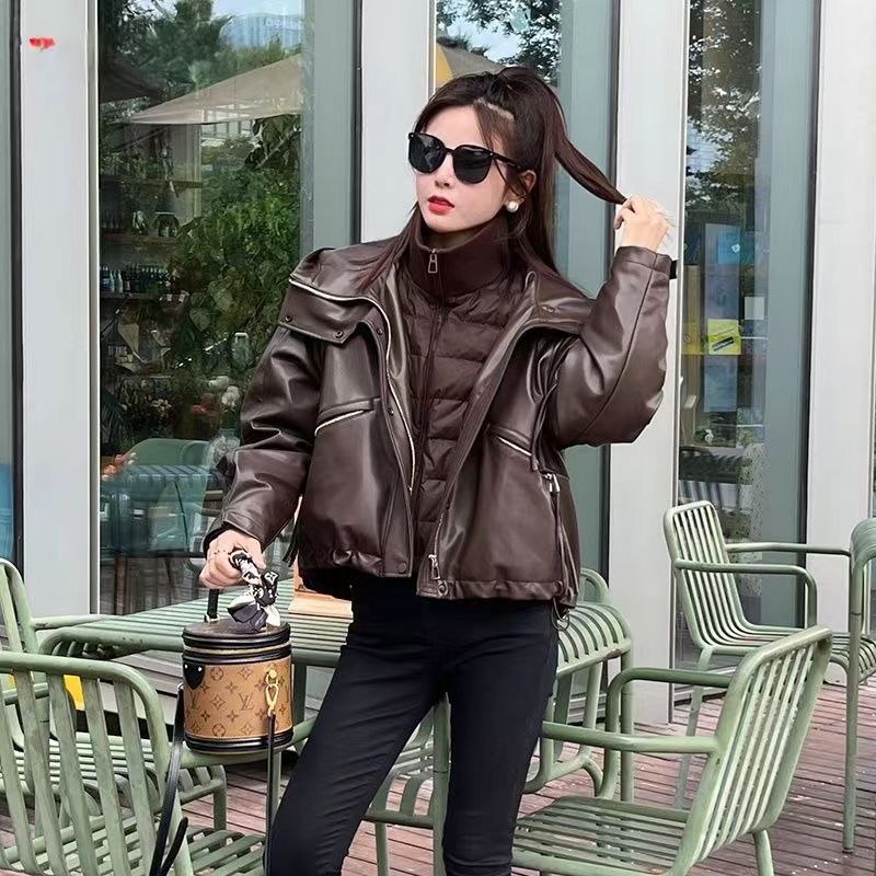 美拉德2023新款两件套羽绒棉女休百搭时尚连帽保暖宽松潮流蛋白皮