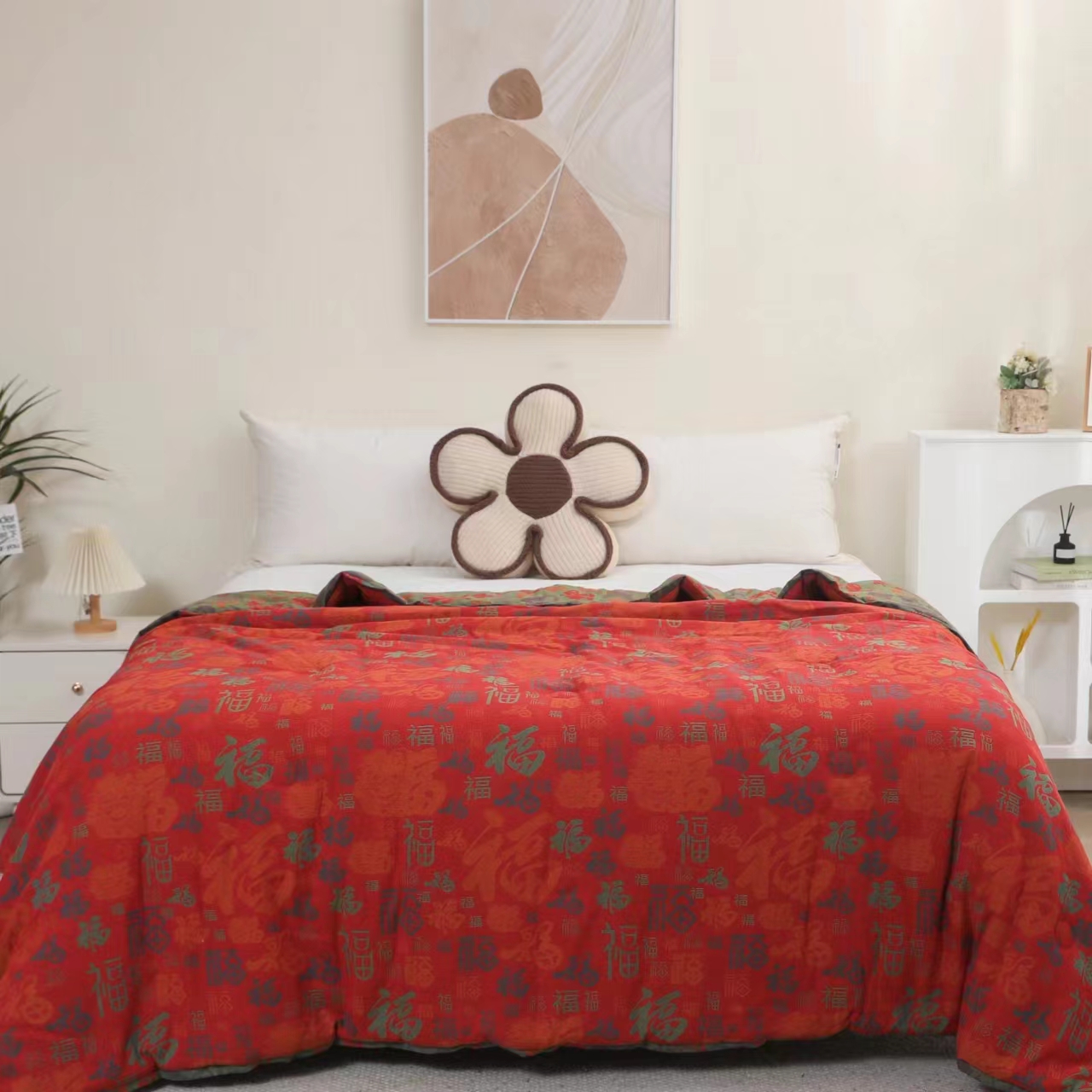 【R大豆被-百福-红-200】200*230cm轻奢全棉双层纱透气时尚亲肤