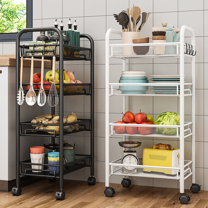 优勤厨房置物架落地多层可移动锅具架果蔬篮夹缝收纳架小推车架子