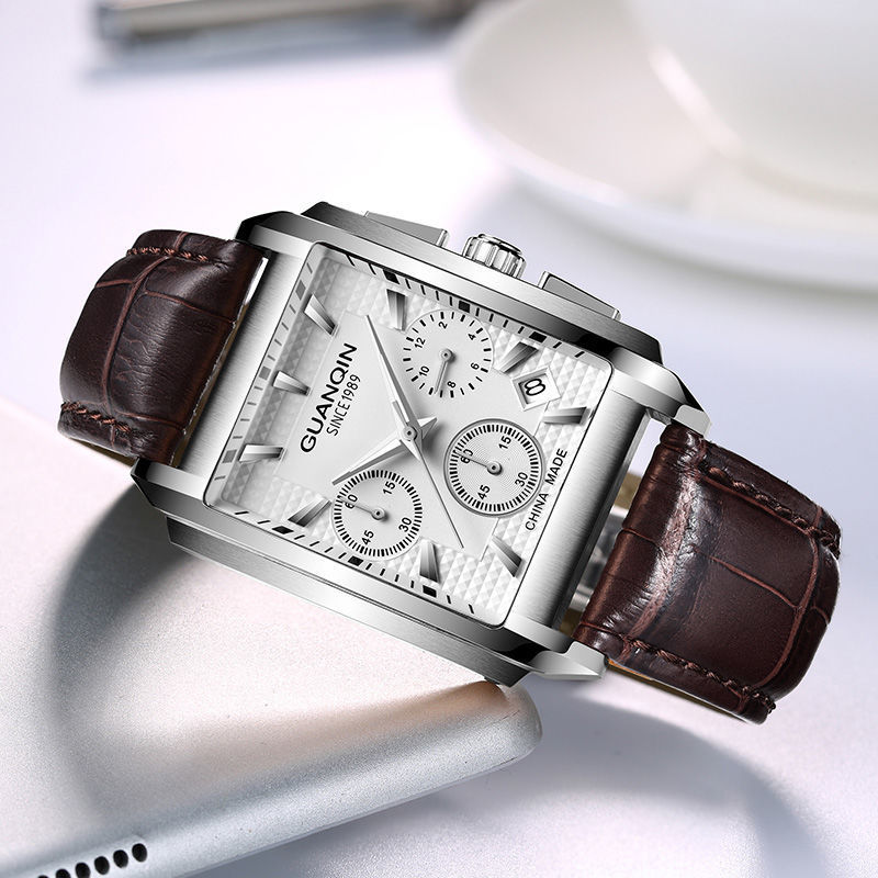 正品瑞士冠琴全自动石英手表男士长方形真皮腕表时尚潮流坦克休闲