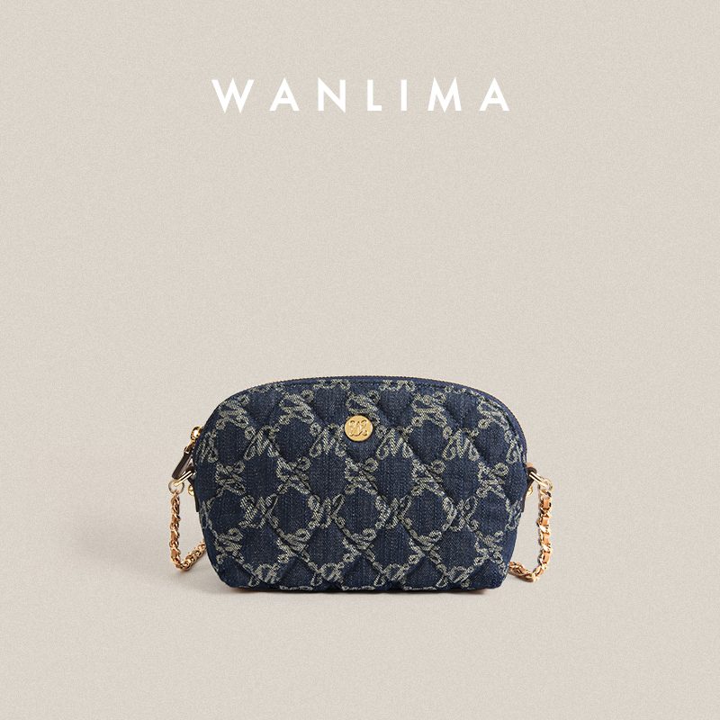 万里马新款丹宁贝壳包时尚通勤女包链条小方包单肩斜挎女包