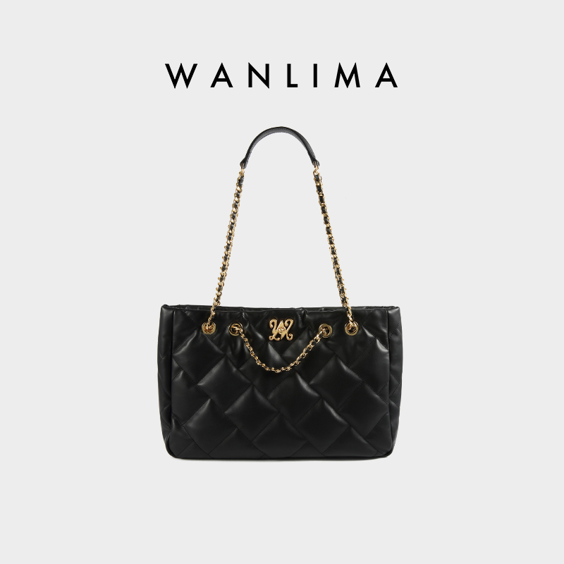 万里马新款大容量女包菱格牛皮托特包时尚链条包女士单肩包