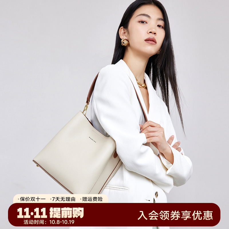 万里马2024新款真皮简约水桶包牛皮手提通勤大容量单肩包多规格