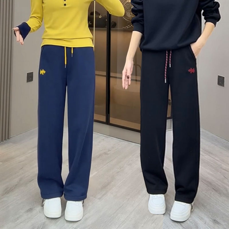 韩版加绒加厚垂感拖地裤女冬季新款百搭高腰抽绳直筒两穿阔腿裤