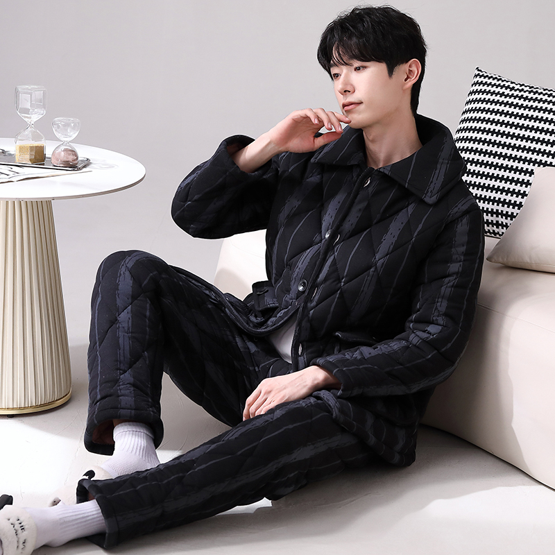 【夹棉】冬季加厚男士睡衣三层夹棉保暖家居服棉袄套装-23523双条纹