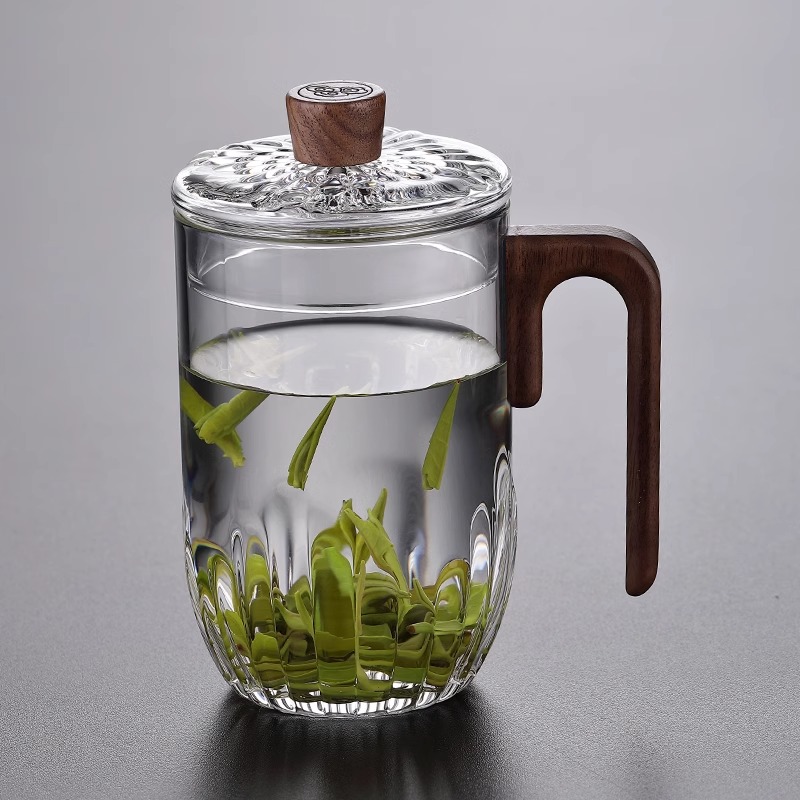 世器玻璃木把杯办公室泡茶杯水杯带盖绿茶杯花茶耐高温家用办公杯