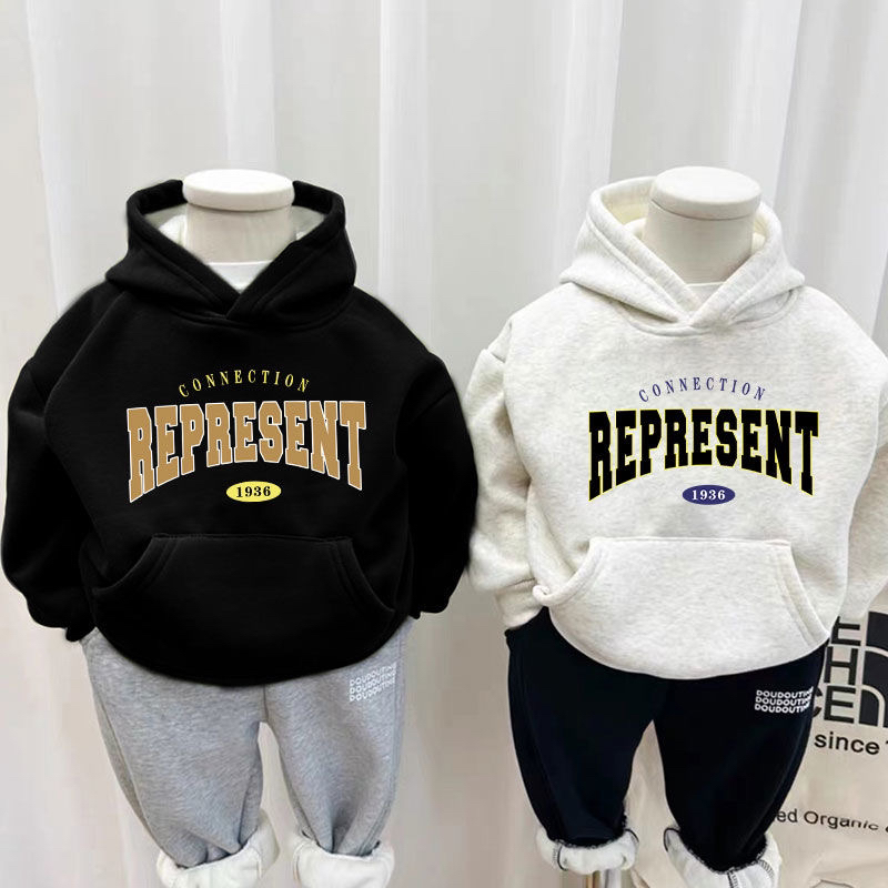 男童秋冬季卫衣2023新款时尚洋气加绒加厚连帽上衣儿童一体绒卫衣