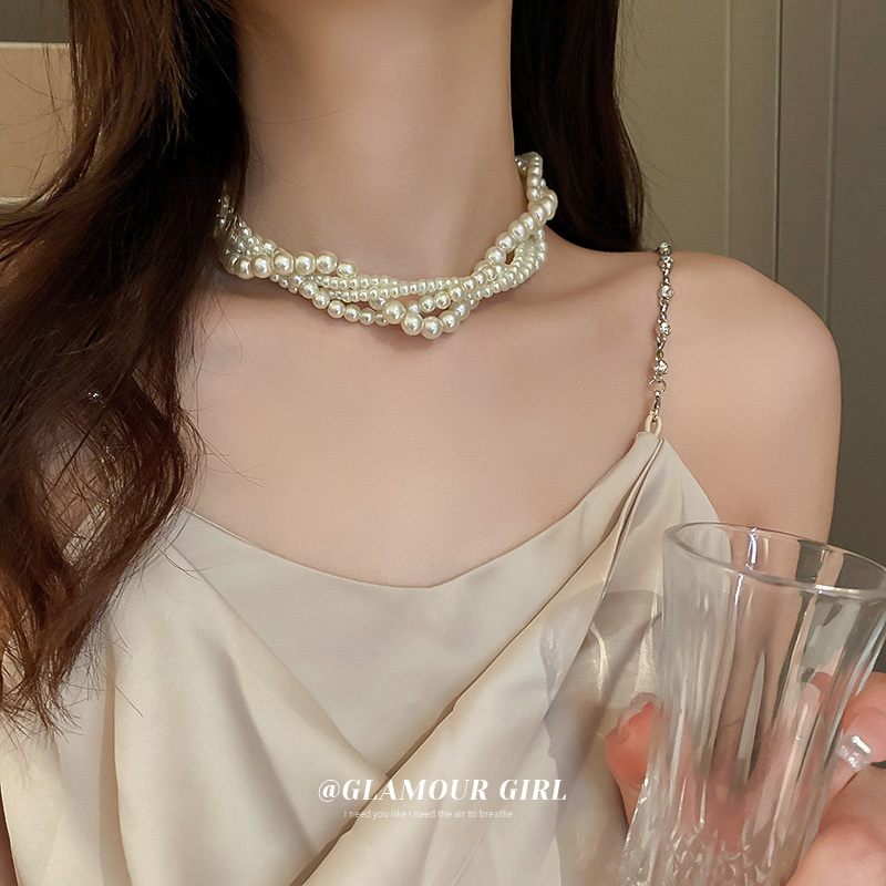 合金仿项链 巴洛克珠珠项链女多层夸张锁骨链颈链轻奢小众506