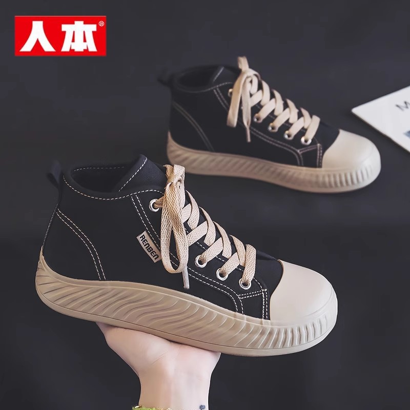 人本棉鞋女冬加绒帆布鞋2025新款冬季饼干鞋子保暖复古秋冬高帮鞋