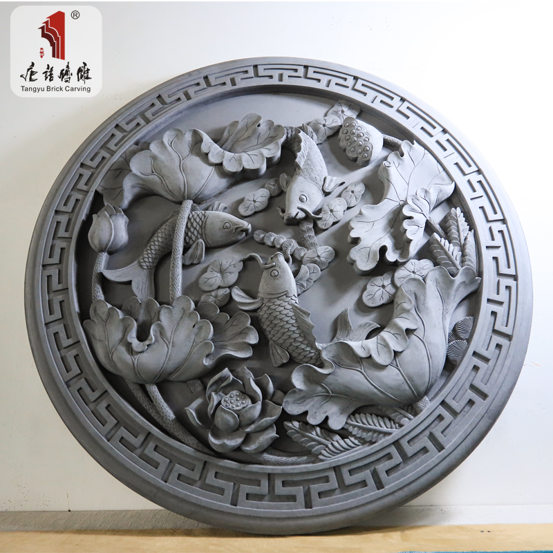 唐语砖雕 1米圆浮雕壁画 中式仿古青砖影壁墙照壁背景墙 迎门墙