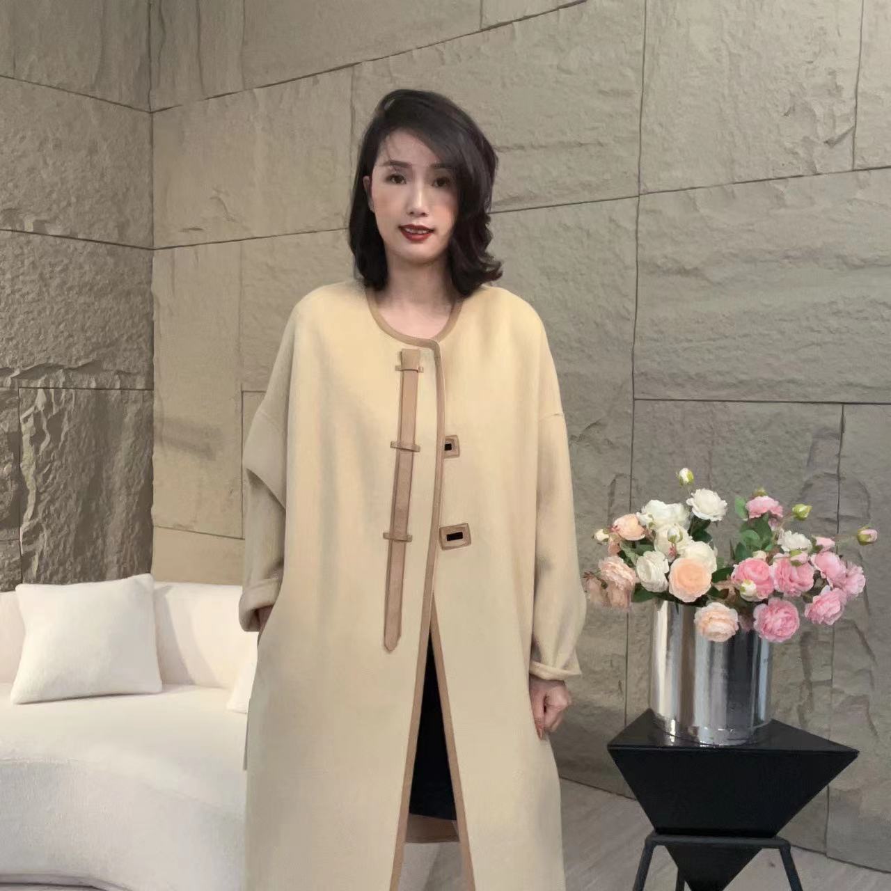 【赛姐高奢】中长款大衣纯色双面无领时尚气质外套157