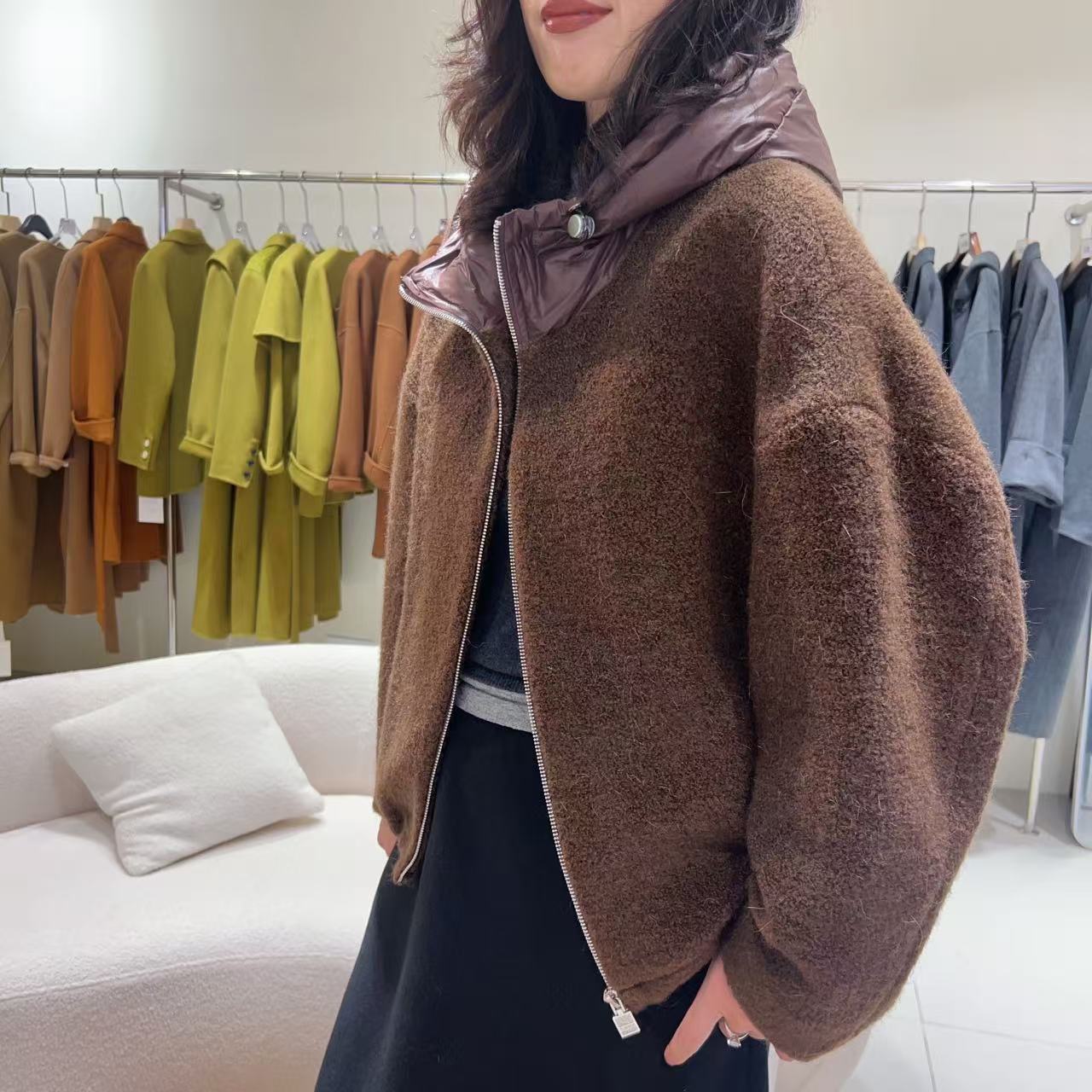 【赛姐高奢】连帽双面呢外套女短款翻领秋冬简约气质大衣A07