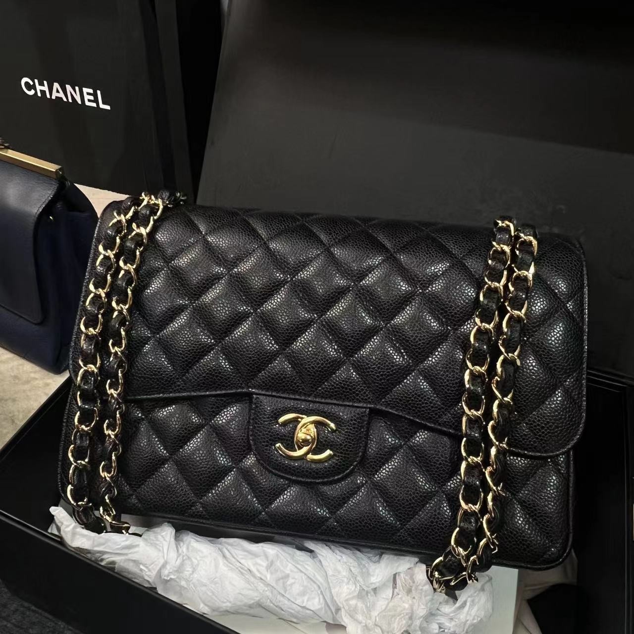 99新 Chanel/香奈儿 山山黑金荔枝jumbo包