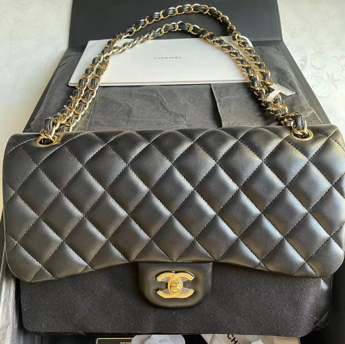 95新 Chanel/香奈儿 订金3399/黑金光面双翻盖jumbo/单肩斜挎包/