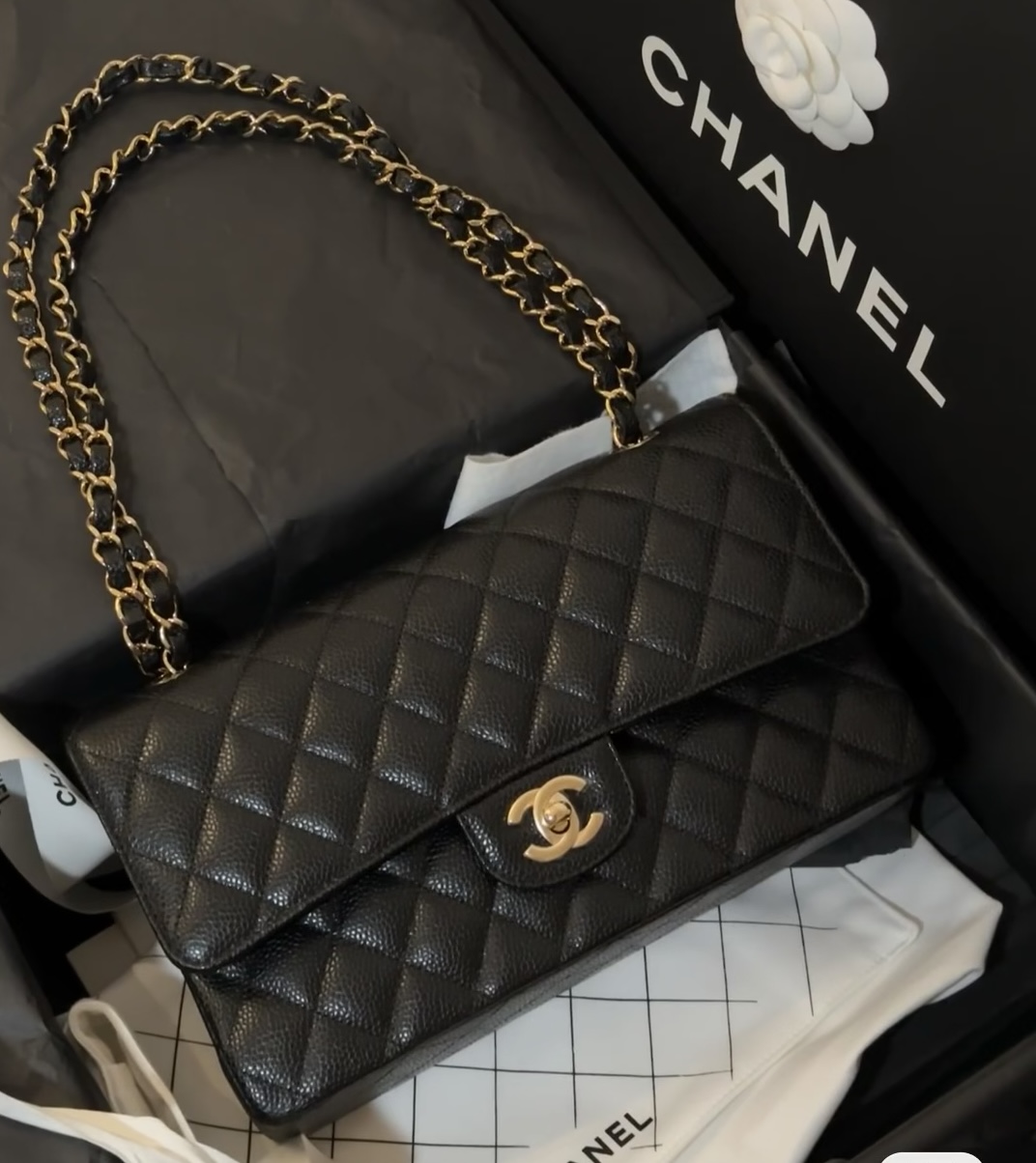 95新 Chanel/香奈儿 32111/黑金荔枝cf/单肩斜挎包/10专属