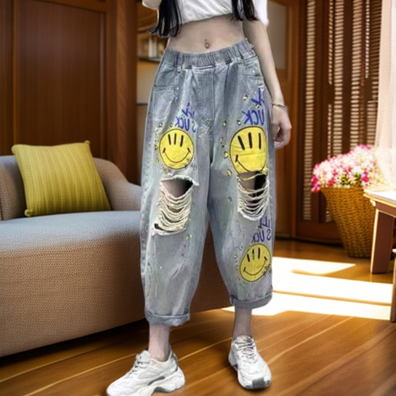 2024夏季新款松紧腰宽松九分哈伦裤女破洞磨破印花笑脸老爹牛仔裤
