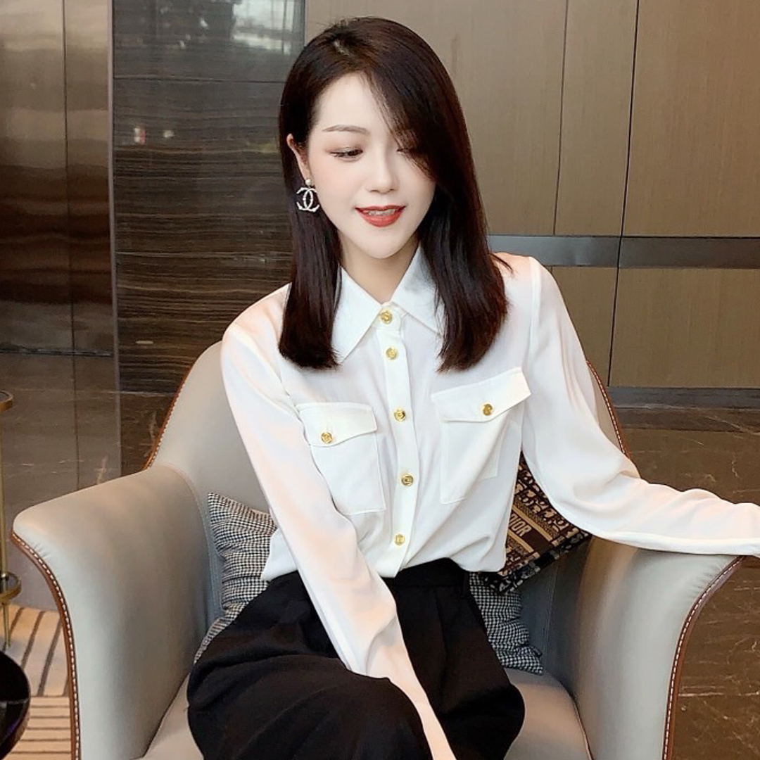 桑蚕丝小香风复古衬衫显瘦气质长袖时尚白色设计感