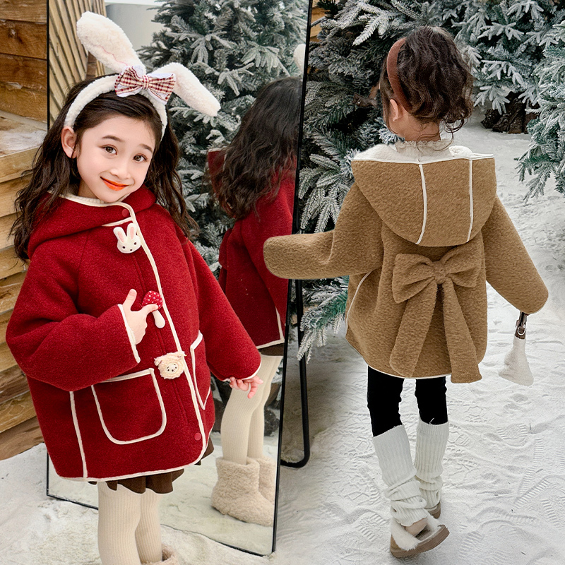 女童加绒呢子外套秋冬款2025新款冬装加厚儿童皮毛一体蝴蝶结大衣