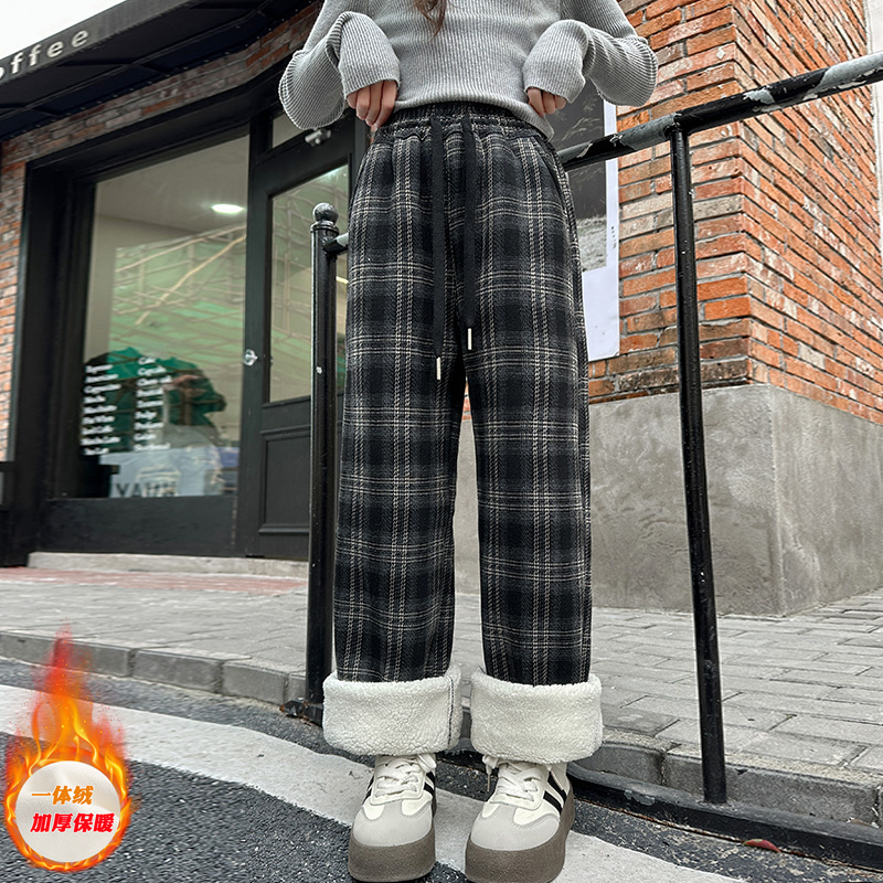 女童格子裤子秋冬款2025新款儿童冬季加绒卫裤女宝宝一体绒休闲裤