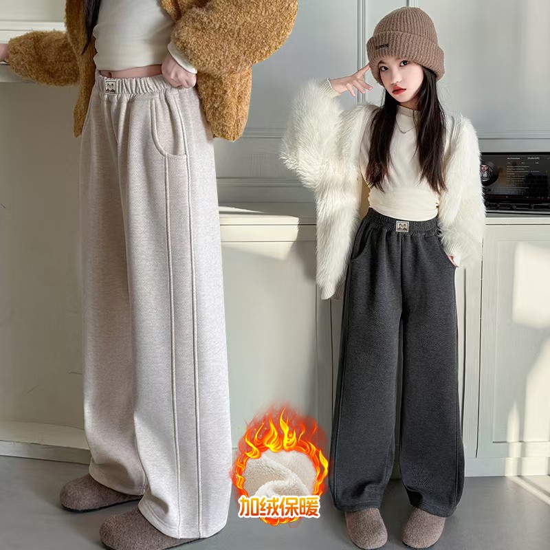 女童加绒裤子冬季2025新款儿童一体绒休闲裤中大童加厚窄版阔腿裤