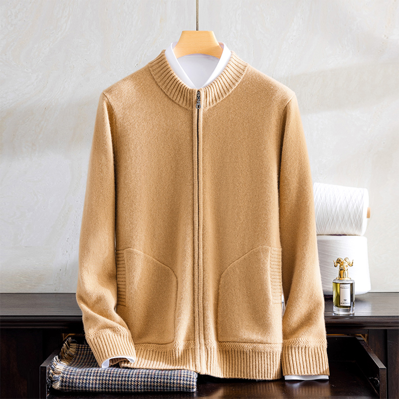 男士100分纯山羊绒半高领拉链开衫秋冬装加厚外套带兜立领针织衫
