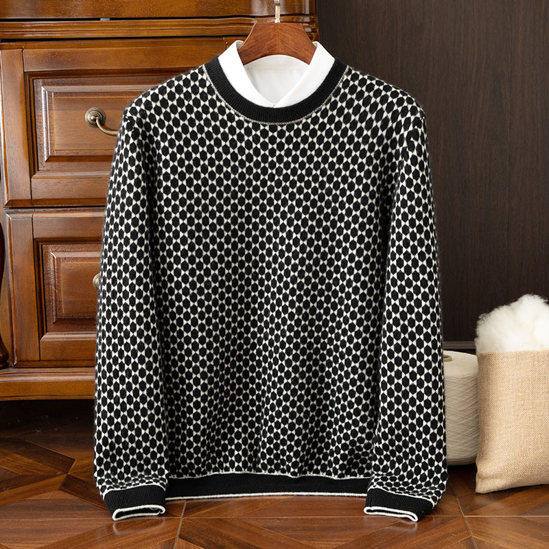 男加厚秋冬季圆领提花羊绒衫宽松毛衣针织打底衫商务100%纯山羊绒