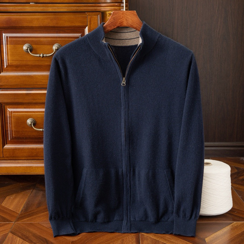 小媛铄秋冬新款100%山羊绒男士开衫外套休闲针织毛衣外套纯色时尚