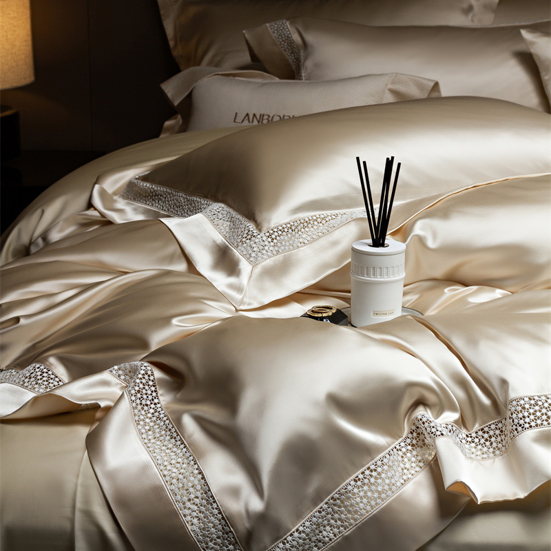 孔龙 圣加伦 欧式轻奢高端纯色蚕丝缎兰精天丝四件套 床品套件  