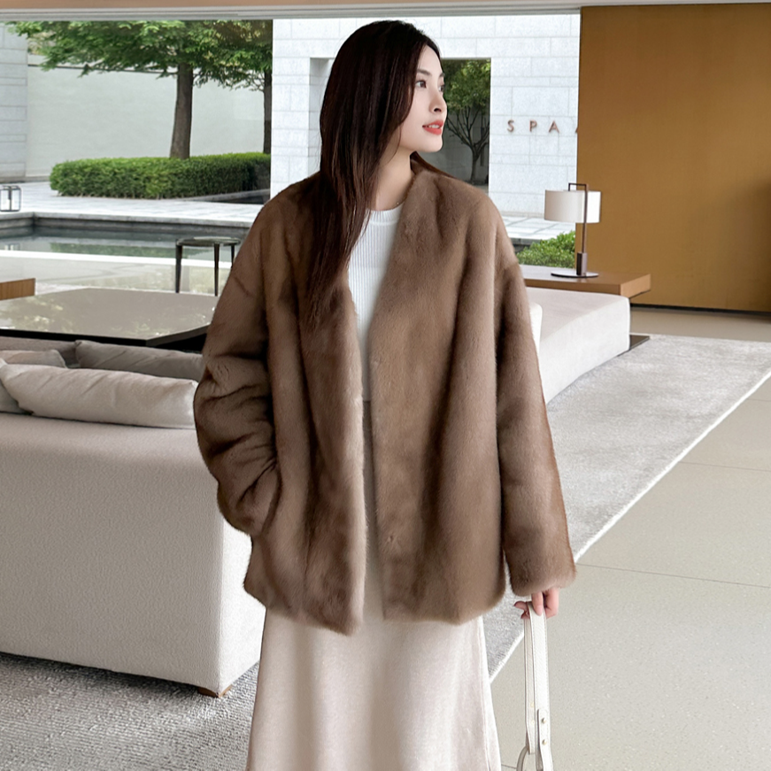 冬季紫标级天鹅绒水貂整貂皮草外套V领百搭时尚貂皮大衣女