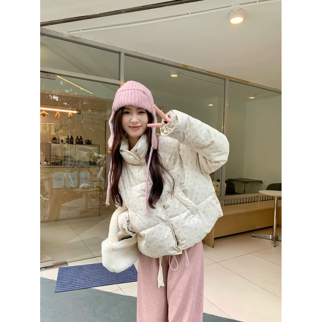 慵懒甜美风长袖碎花立领外套女宽松显瘦棉服百搭上衣