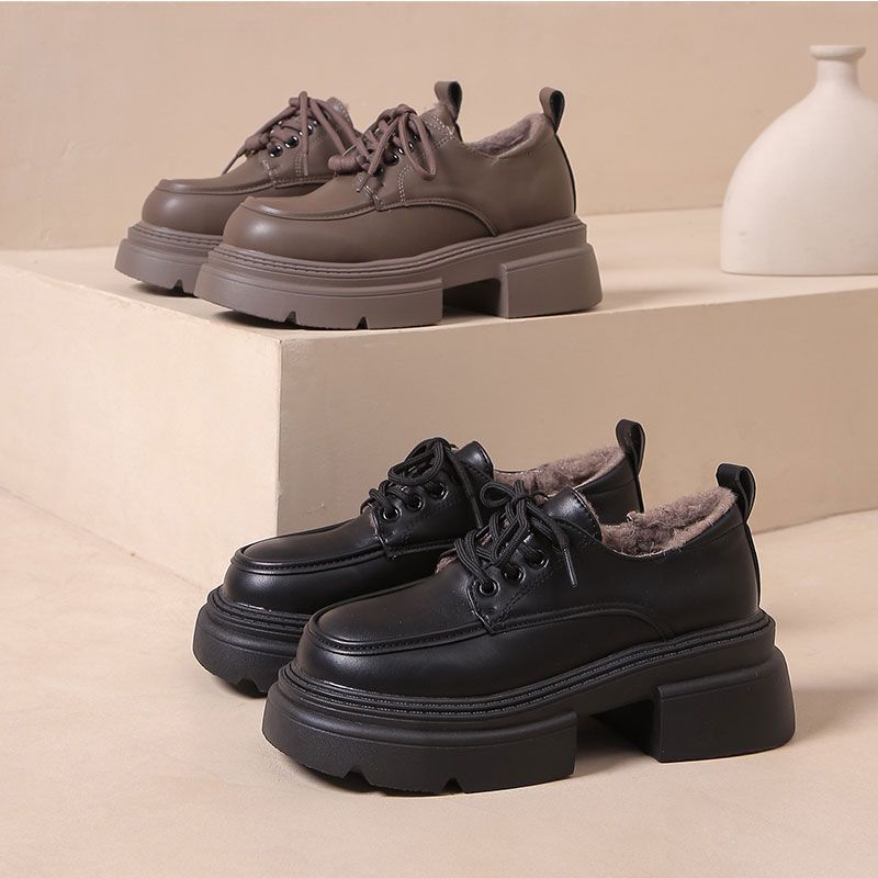 复古英伦风小皮鞋女2023秋冬季新款复古加绒厚底增高系带乐福单鞋