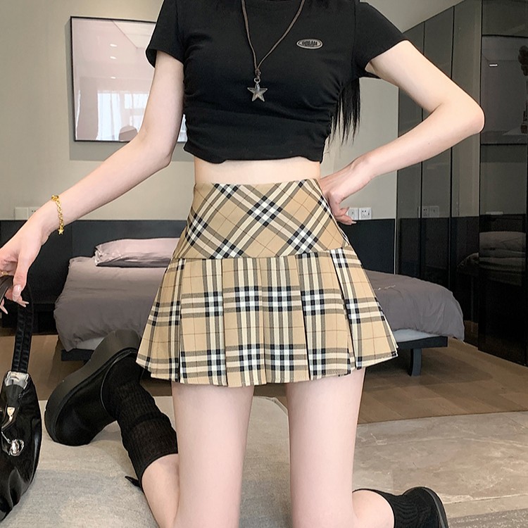 咖色复古纹格百搭秋季新款半身裙女高腰显瘦休闲短裙防走光a字裙