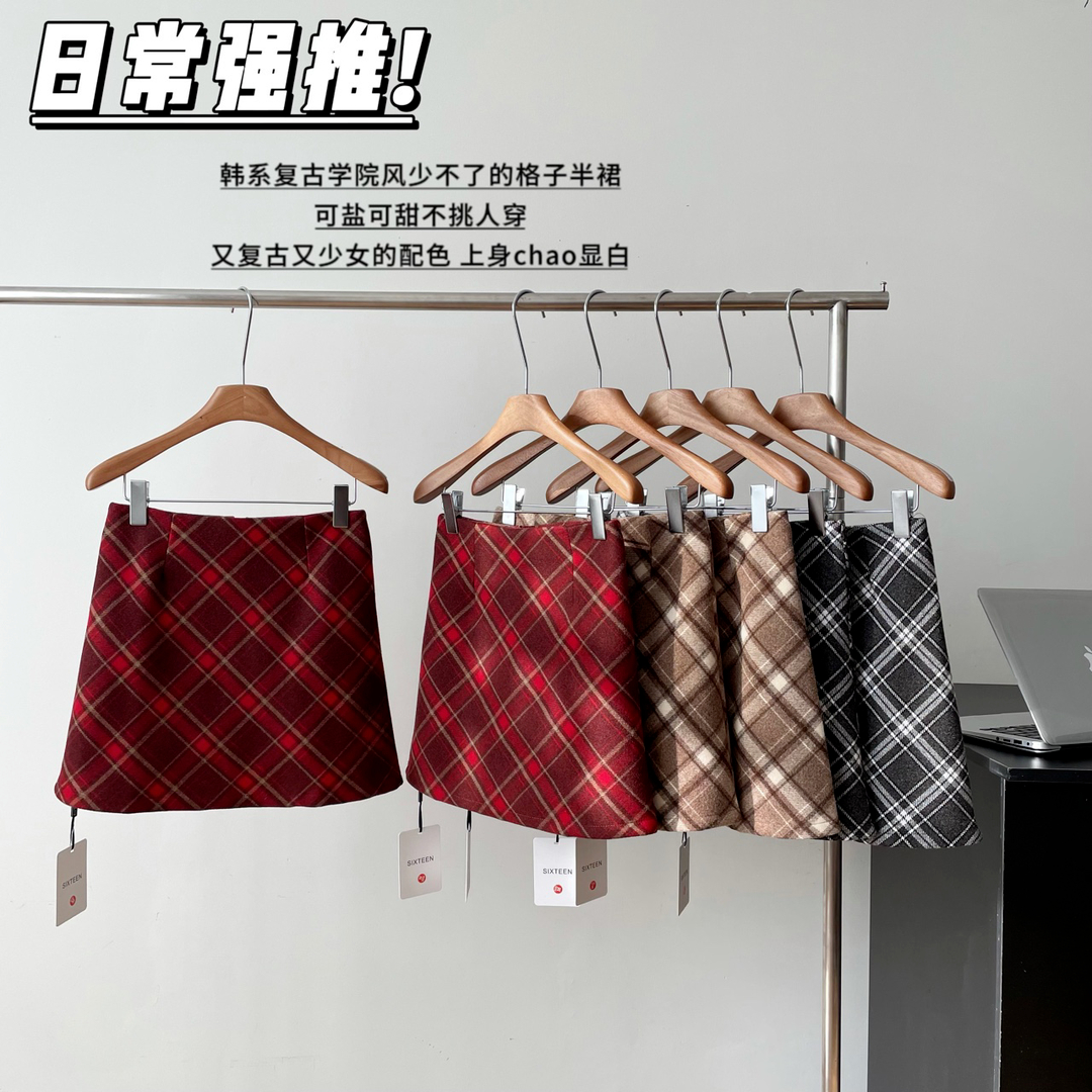 休闲复古格子半身裙女春季新款时尚百搭毛呢包臀裙学院风a字短裙