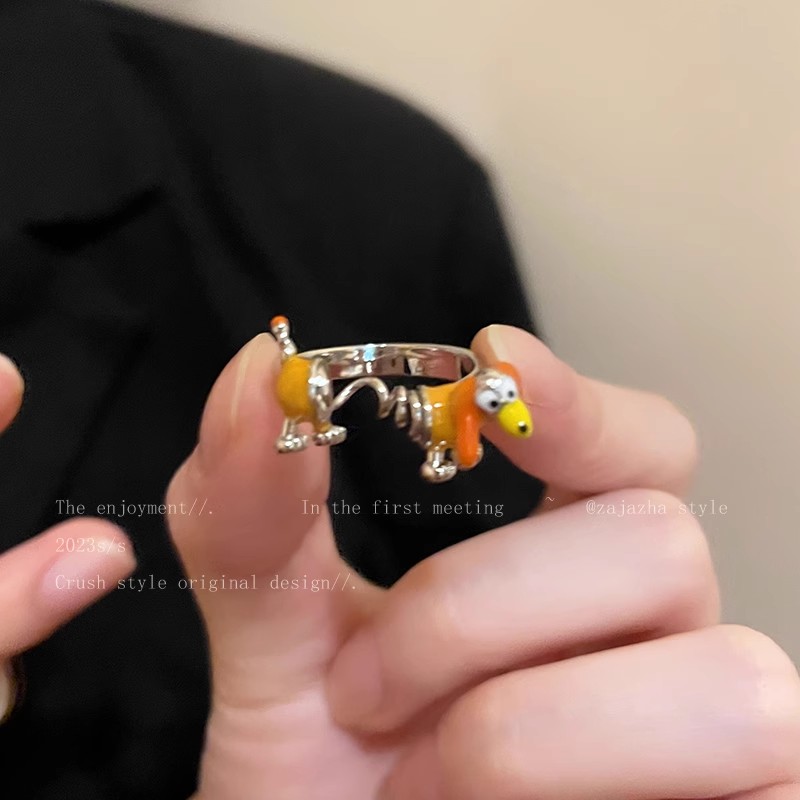 铜合金戒指 卡通可爱弹簧狗戒指女潮小众设计感食指戒高级感指环