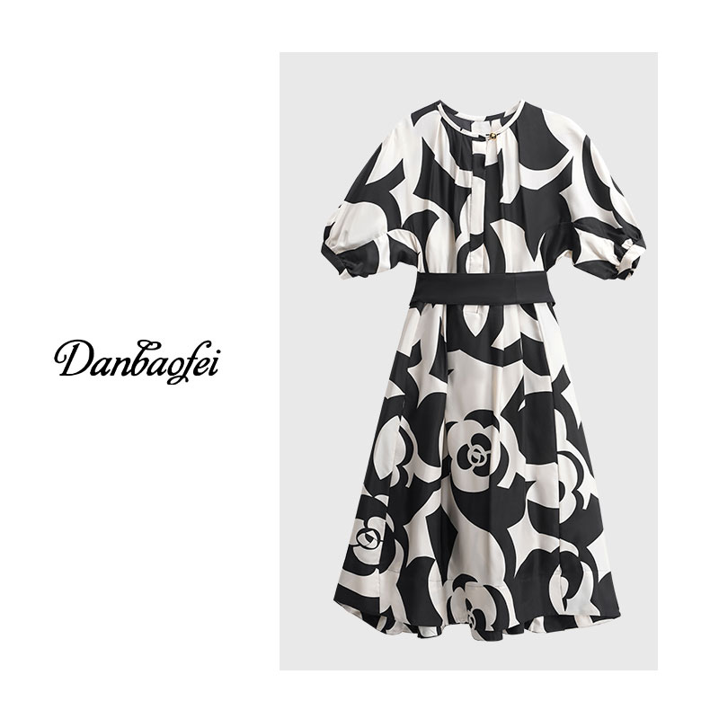 【kiki】山茶花桑蚕丝连衣裙新款斜纹绸时尚女士夏季春夏气质