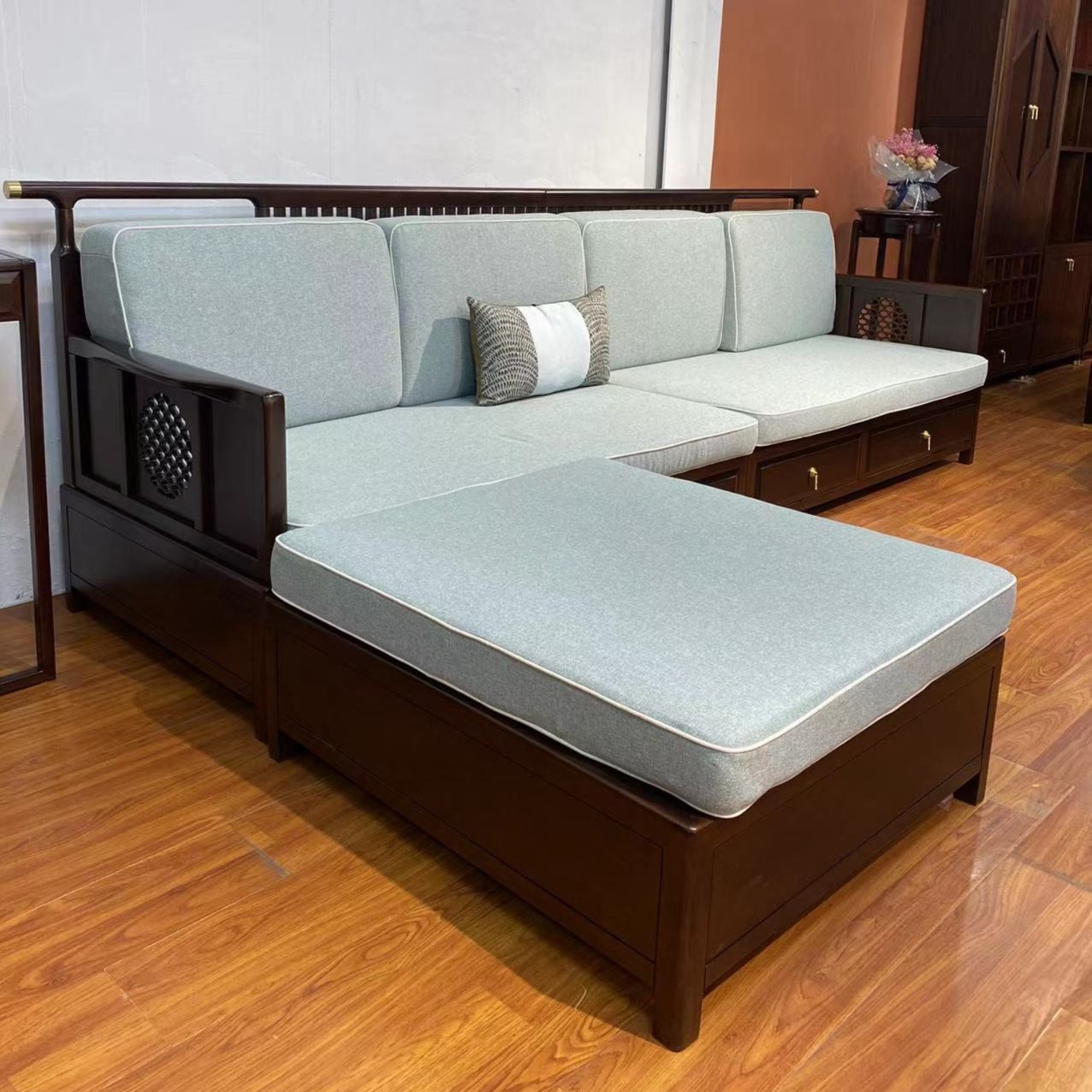 新中式！乌金木实木转角客厅储物沙发多功能实木家具