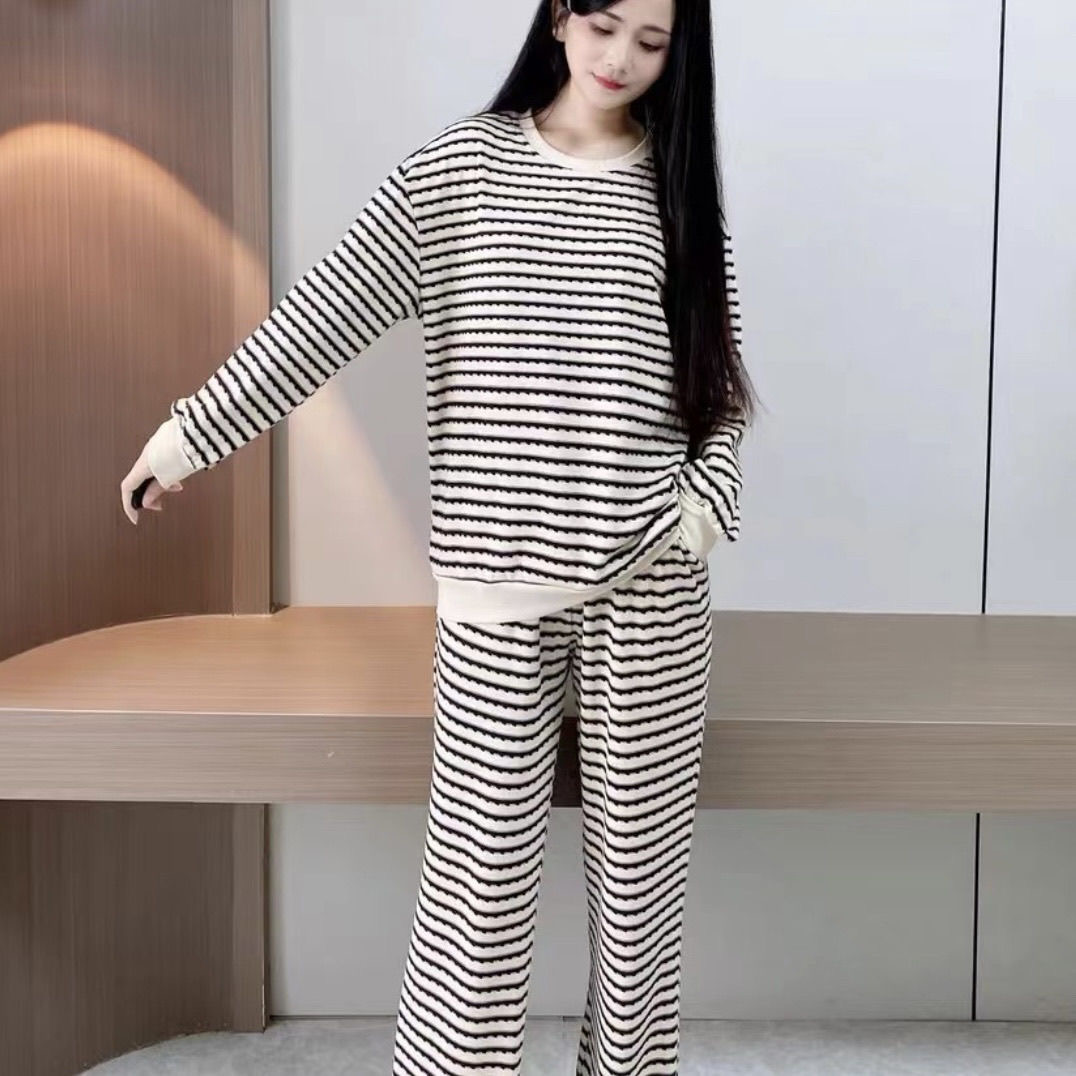 带胸垫睡衣新款条纹棉长袖长裤睡衣宽松可外女士休闲家居服套装
