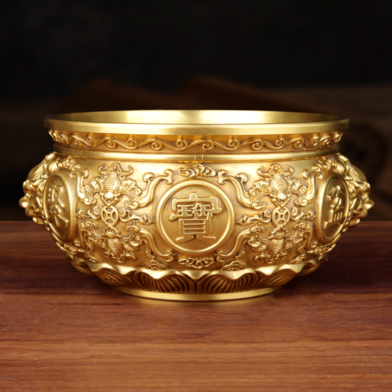 黄铜聚宝盆摆件中式五福香炉铜缸家居客厅装饰品摆设开业礼物高档