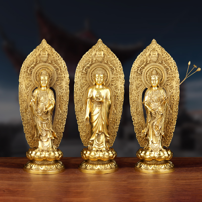 西方三圣铜像黄铜大势至带背光家用工艺品摆件客厅装饰品铜器